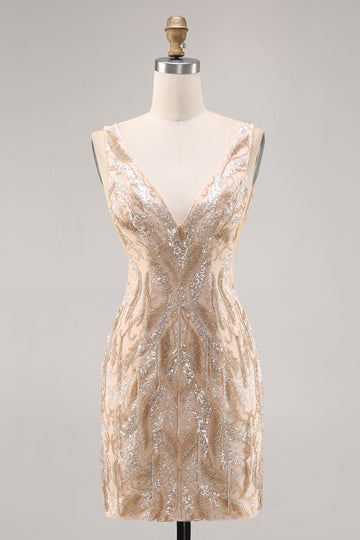 Beaded Champagne Bodycon Cocktail Dress with Sequins